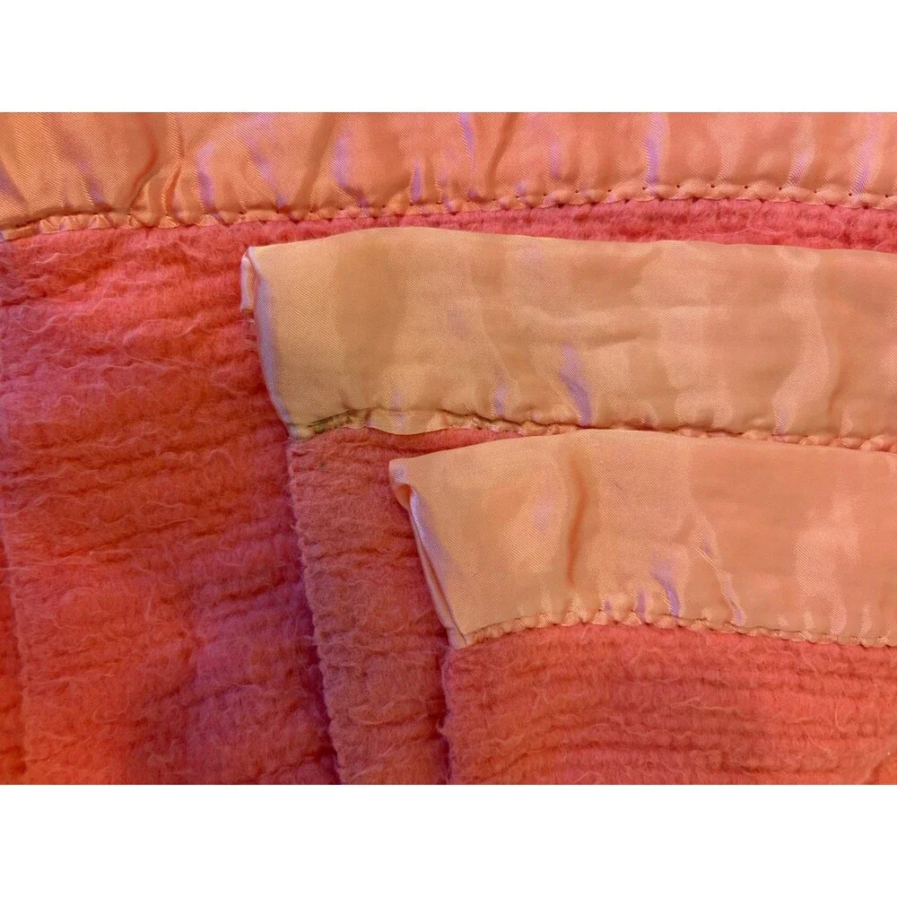 Vintage Waffle Weave Acrylic Blanket Satin Trim Pink Salmon Thermal Throw 86x86”